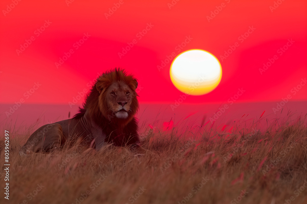 Fototapeta premium A lion is resting on a on dry grass in savannah at red sunset