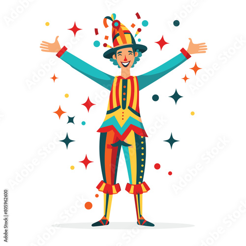 Joyful cartoon clown welcoming audience circus show. Festive clown colorful costume celebrating open arms, confetti stars around, cartoon style. Happy performer standing isolated white background