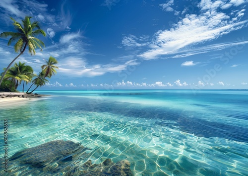 Tropical Paradise Beach with Clear Blue Water and Palm Trees.