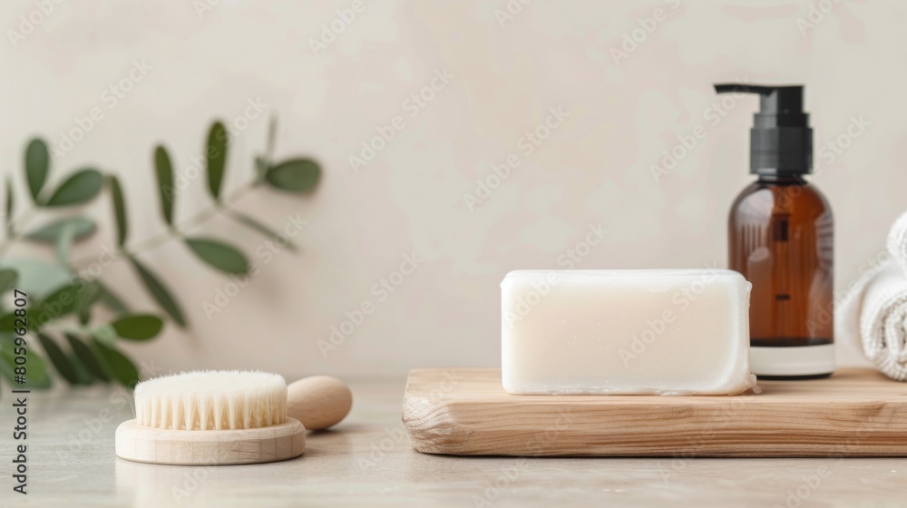 Eco-Friendly Natural Soap and Wooden Brush on Neutral Background Eco-Friendly Natural Soap and Wooden Brush on Neutral Background