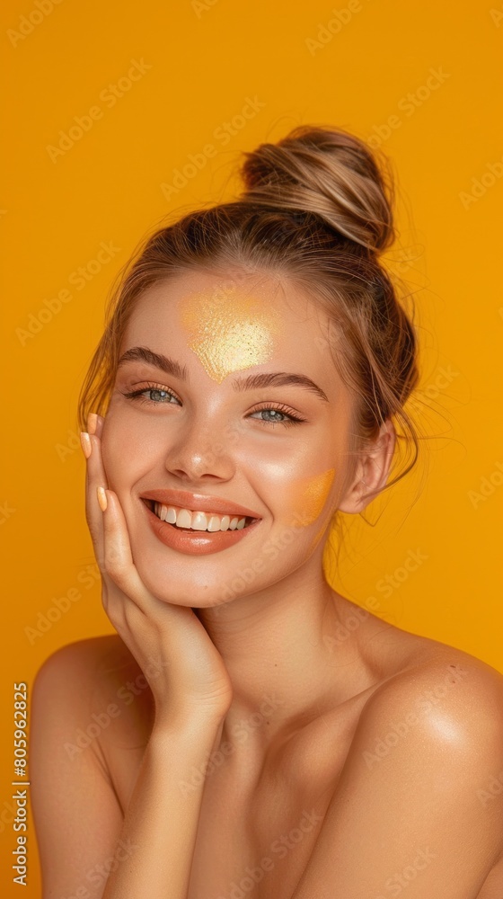 Beautiful woman touching her skin with joy on a yellow background, showcasing a synchronized beauty routine Beautiful woman touching her skin with joy on a yellow background, showcasing a synchronized beauty routine