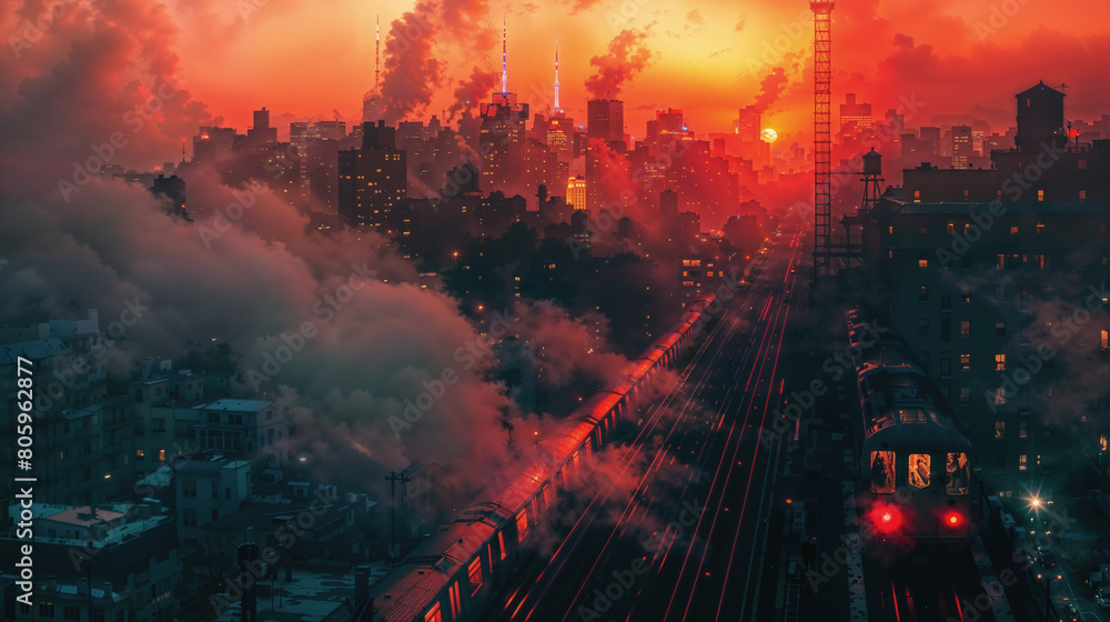 Obraz premium Sunset blaze over urban railway
