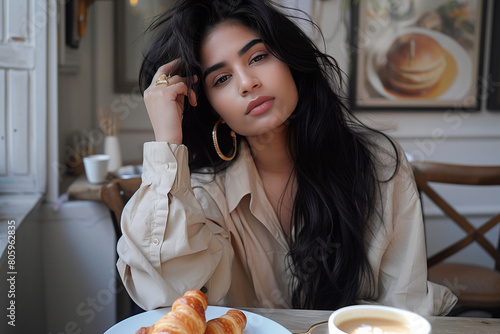 Beautiful brunette woman near fresh hot croissant with cup of coffee
