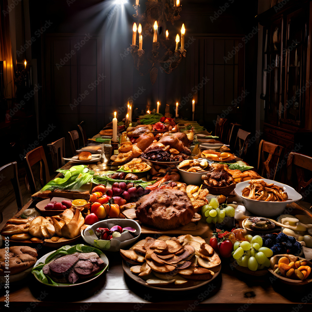 A table with food in a huge hall by candlelight A table with food in a huge hall by candlelight