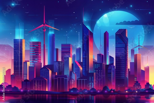 Futuristic cityscape painting at night with skyscrapers and wind turbines.