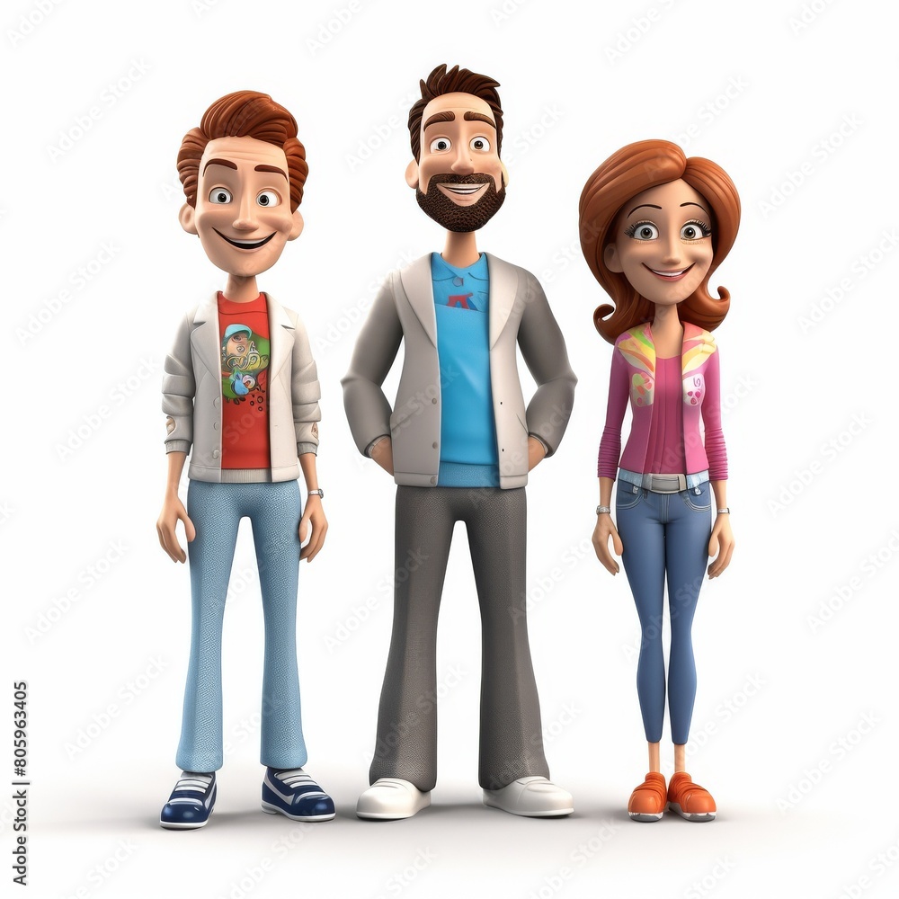Three Smiling 3D Characters Standing Side by Side Casual Attire. Three Smiling 3D Characters Standing Side by Side Casual Attire.