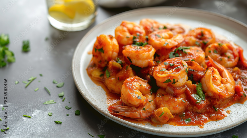 Shrimp with tomato sauce on a plate against a grey background Shrimp with tomato sauce on a plate against a grey background