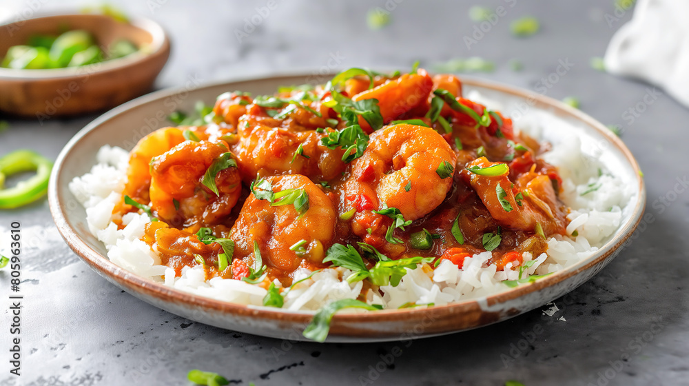 plate of shrimp and vegetables in the rich tomato sauce called gumbo on top of rice. The background is gray with some greenery scattered around plate of shrimp and vegetables in the rich tomato sauce called gumbo on top of rice. The background is gray with some greenery scattered around