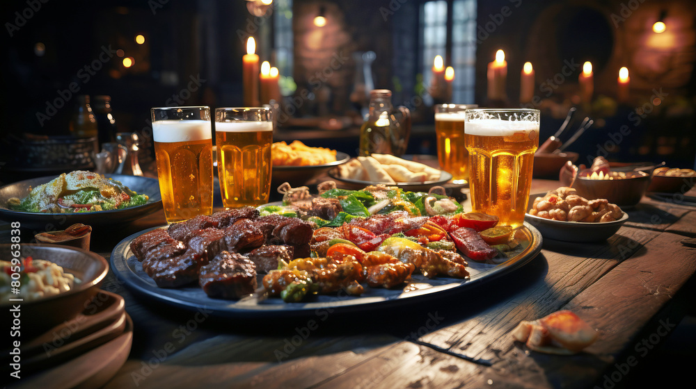 Glasses of beer on a table in a pub surrounded by a variety of pairing snacks.