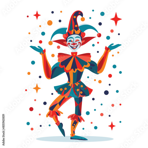 Colorful jester performing tricks amidst colorful confetti. Juggling jestful character vibrant harlequin costume. Festive circus clown entertainer vector delighting audience