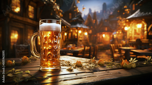 Close-up of mug of beer standing on the table of the cozy street terrace of a pub in the evening.