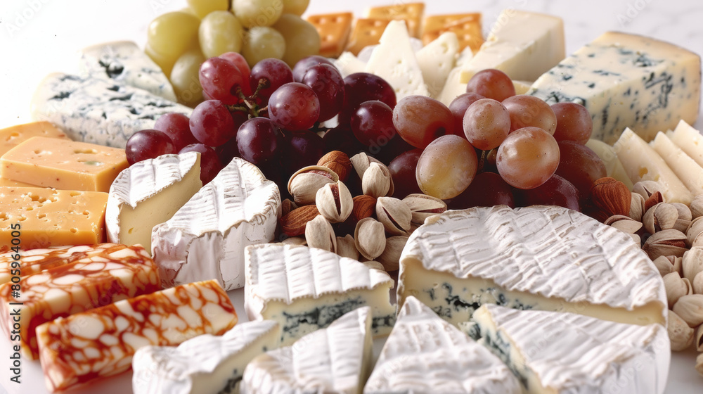 Gourmet cheese platter featuring a variety of cheeses, grapes, and nuts Gourmet cheese platter featuring a variety of cheeses, grapes, and nuts