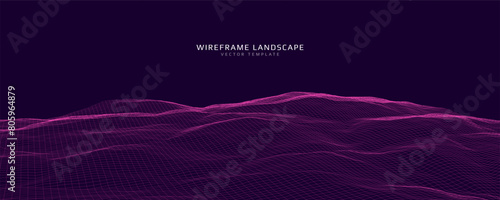 Wireframe landscape. Futuristic 3d mesh background. Digital hills technology. Vector illustration.