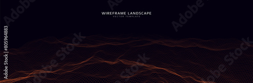 Wireframe landscape. Futuristic 3d mesh background. Digital hills technology. Vector illustration.
