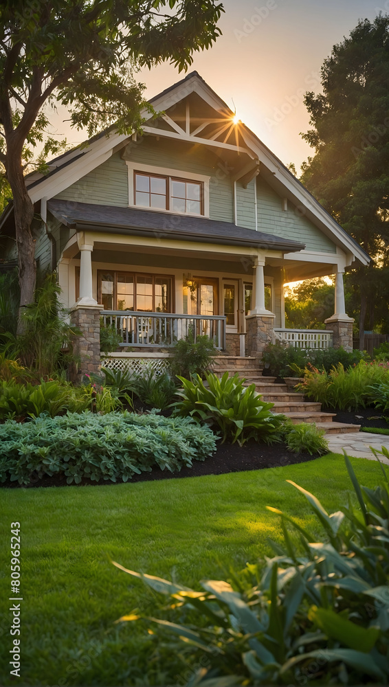 Serene sunrise scene showcasing a newly built home framed by verdant lawns and vibrant foliage, a picturesque setting for a fresh start.