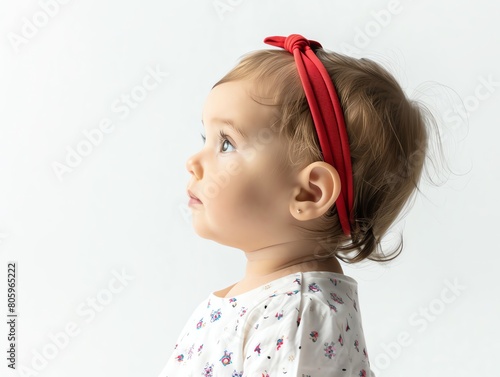 Cute little baby girl with red  band standing in profile Isolated over white background with copy space in front © BOMB8