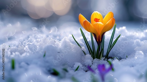 Macro of a crocus emerging from snow.