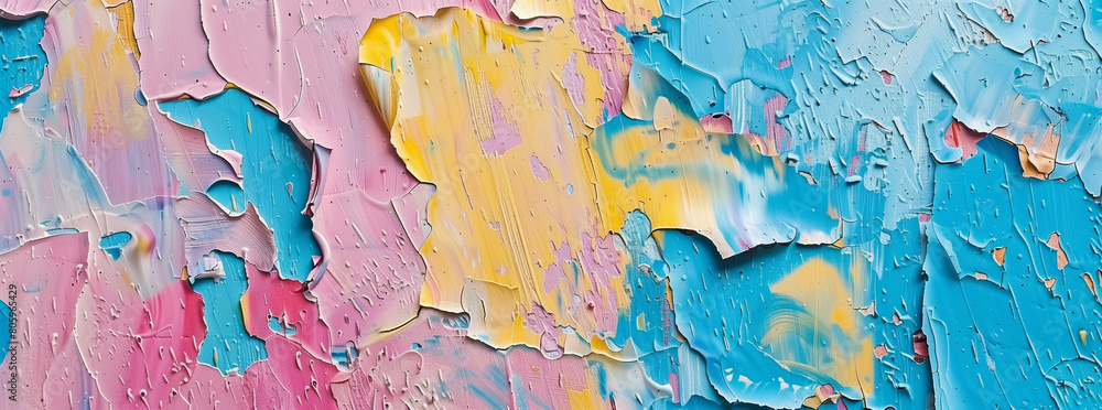 An abstract background features vibrant blue, pink, and yellow oil painting textures that blend together in a mesmerizing display of color. The patterned wall serves as the backdrop, with sections 