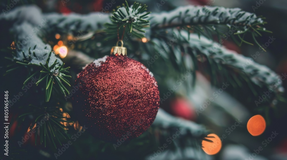 Obraz premium Merry Christmas and Happy New Year. Festive bright beautiful background. Decorated Christmas tree on blurred background. de-focused lights, gold bokeh