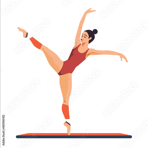 Female gymnast performing balance beam routine, elegant pose, sportswear. Young woman gymnastics balance beam performance, professional, competition. Graceful gymnastics