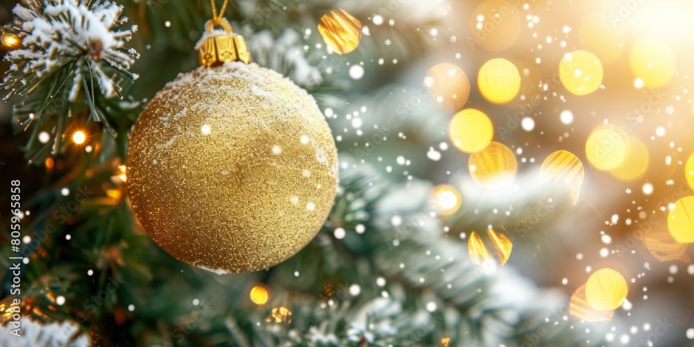 Merry Christmas and Happy New Year. Festive bright beautiful background. Decorated Christmas tree on blurred background. de-focused lights, gold bokeh Merry Christmas and Happy New Year. Festive bright beautiful background. Decorated Christmas tree on blurred background. de-focused lights, gold bokeh