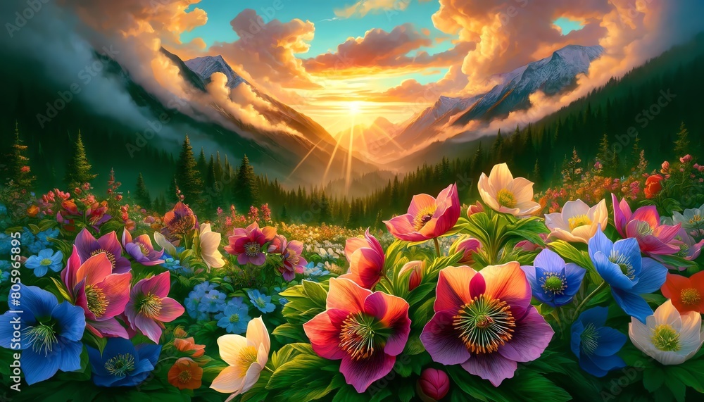 Image of Hellebore flowers at sunset over a lush mountain valley