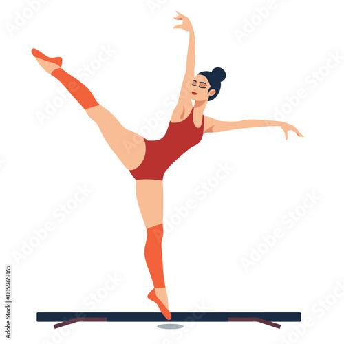 Female gymnast performing balance beam routine, dressed red leotard leg warmers. Gymnast displays flexibility elegance during beam exercise. Balance performance woman gymnastics competition attire