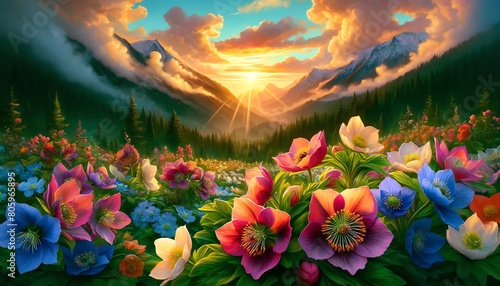 Image of Hellebore flowers at sunset over a lush mountain valley #805965895