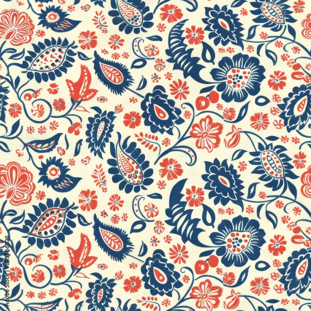 Fototapeta premium A floral patterned fabric with red, blue, and white flowers