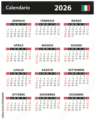 2026 Calendar - vector stock illustration. Italy, Italian version | Calendario 2026 - illustrazione di riserva di vettore. Italia, versione italiana