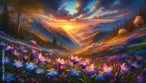 Image of Scilla flowers at sunset over a lush mountain valley photo