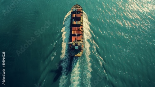 Aerial View of Cargo Ship Moving in Sunlit Waters