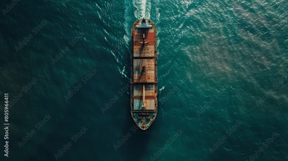 Rusty Freighter Moving Through Dark Ocean Waters