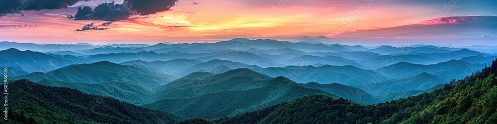 Panoramic Mountains. Blue Ridge Scenic Sunset in North Carolina Summer