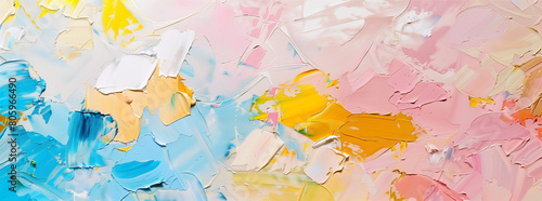 An abstract background showcases a stunning array of colorful pastel oil painting strokes, featuring vibrant shades of blue, pink, and yellow. The hand-painted brush strokes create a dynamic 