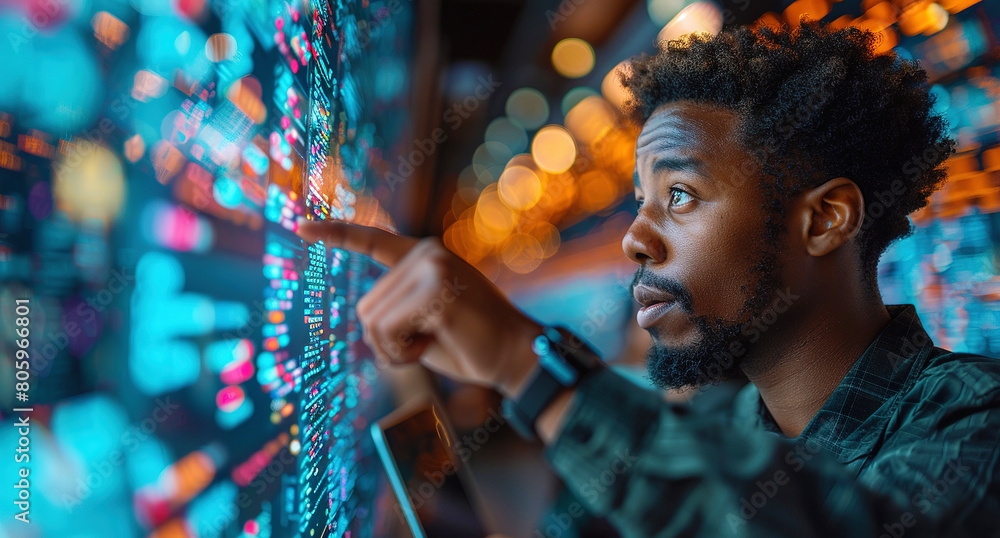 A black man looks at computer code on a large screen and checks the accuracy of that code. The scene is lit by bright lights that emphasize the details of the face. A black man looks at computer code on a large screen and checks the accuracy of that code. The scene is lit by bright lights that emphasize the details of the face.