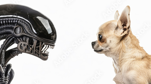 Unexpected Encounter: Xenomorph and Chihuahua. Generative AI photo