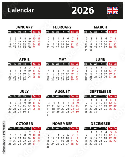 2026 Calendar - vector stock illustration. English version