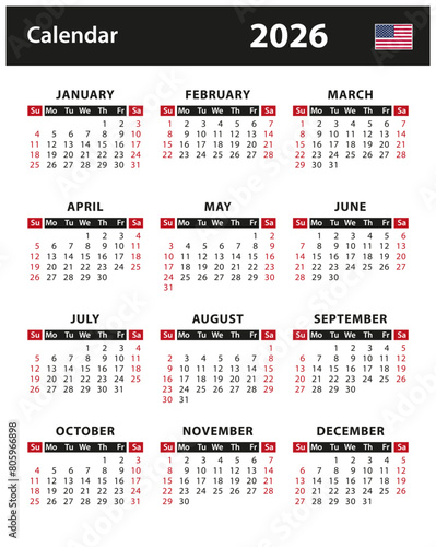 2026 Calendar - vector stock illustration. English American version