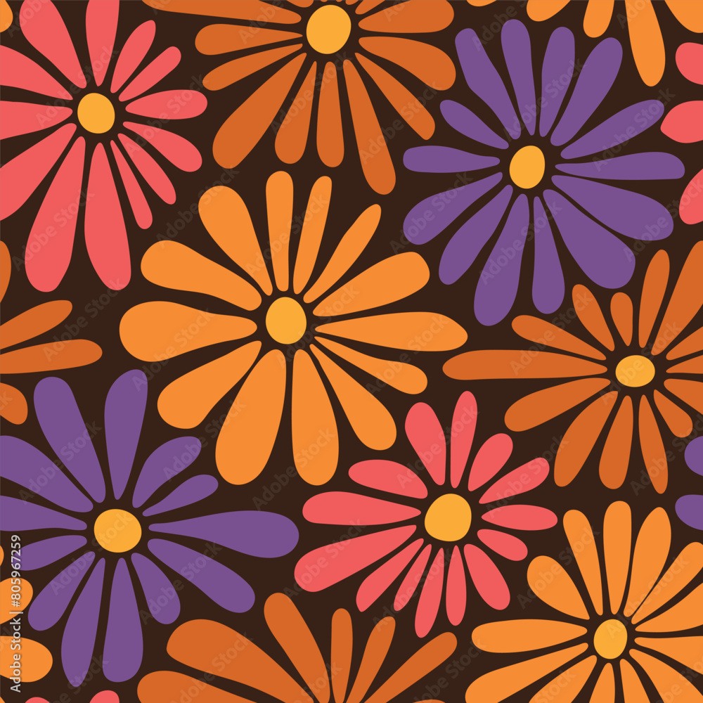 Retro floral vector background. Surface design in style of hippie. Vintage groovy daisy flowers. Modern pattern design for textile, stationery, wrapping paper, gifts. 60s, 70s, 80s style Retro floral vector background. Surface design in style of hippie. Vintage groovy daisy flowers. Modern pattern design for textile, stationery, wrapping paper, gifts. 60s, 70s, 80s style