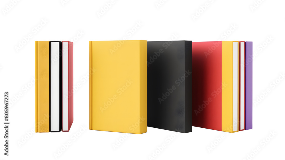 Set of book cover mockups. white, yellow, black, violet and red books. front and side view perspectives, template designs, isolated on a white background. Set of book cover mockups. white, yellow, black, violet and red books. front and side view perspectives, template designs, isolated on a white background.