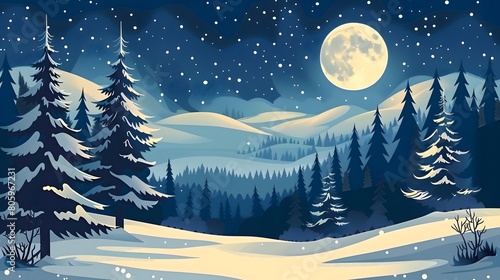 Starry winter night with a full moon over a serene snowy landscape