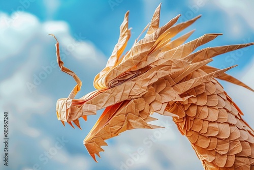An intricate origami of a facial dragon against a cloudy sky in background, showcasing the artistry and patience involved in folding paper to life. photo