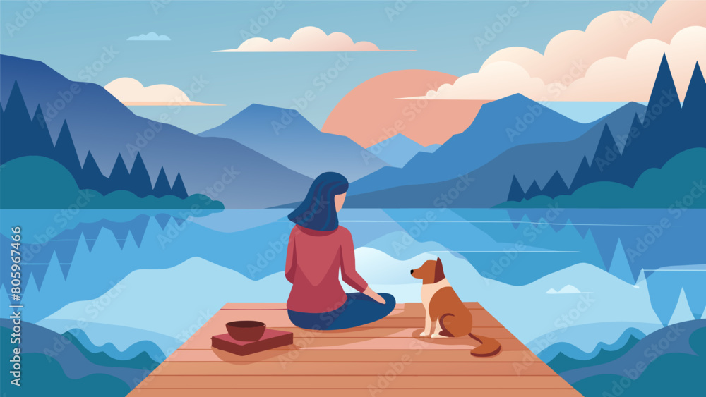 A quiet lakeside dock where a girl sits on a cushioned seat watching the misty water and snuggling under a soft blanket with her dog..