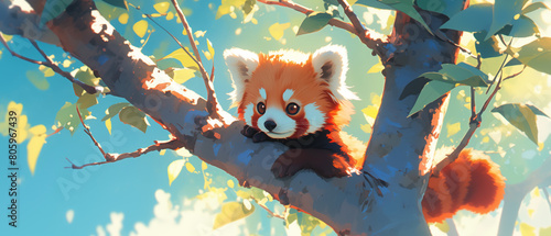 A baby red panda perched on a tree branch, looking curious. cute animal illustration photo