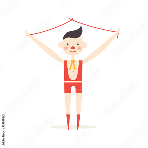 Young cartoon male gymnast celebrating victory. Boy gymnast medal performing winning pose after competition. Cute child athlete red gymnastics outfit joyful triumph, simple flat design