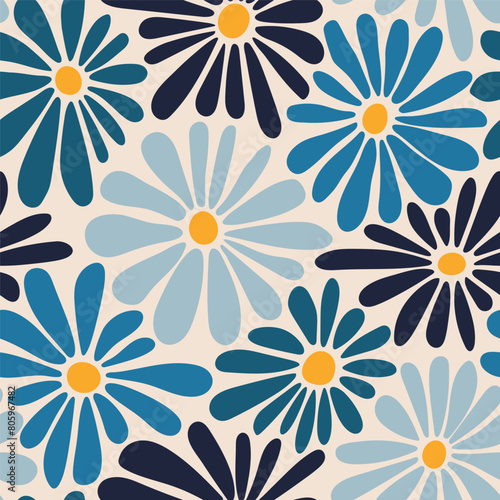 Retro floral vector background. Surface design in style of hippie. Vintage groovy daisy flowers. Modern pattern design for textile, stationery, wrapping paper, gifts. 60s, 70s, 80s style