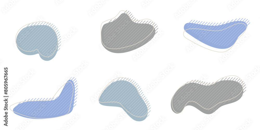 Collection of organic irregular blob shape with decorative stripes and stroke line. Gray blue random deform circle spot. Isolated white background Organic amoeba Doodle elements Vector illustration.