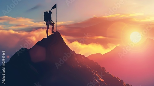 A female climber is heading towards the top of a mountain with a flag on top.