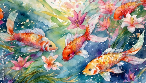 華麗な金魚と花火、美しい百合と共に夏の香りを届ける透き通るような色彩豊かな模様を大まかに水彩画で描く generated by AI